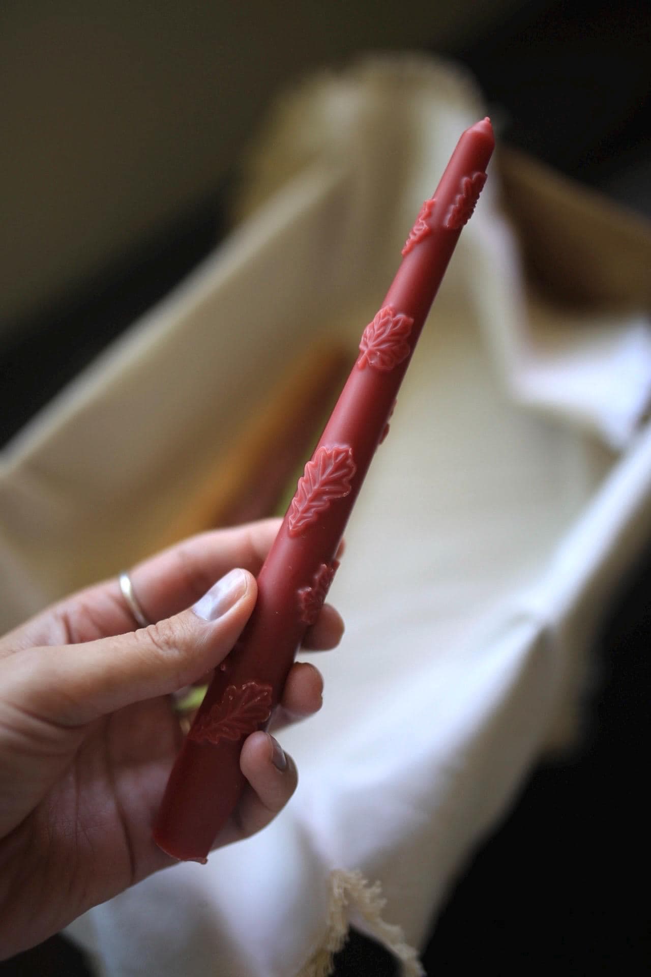 Autumn Beeswax Taper Candles with Oak Leaf Design 5