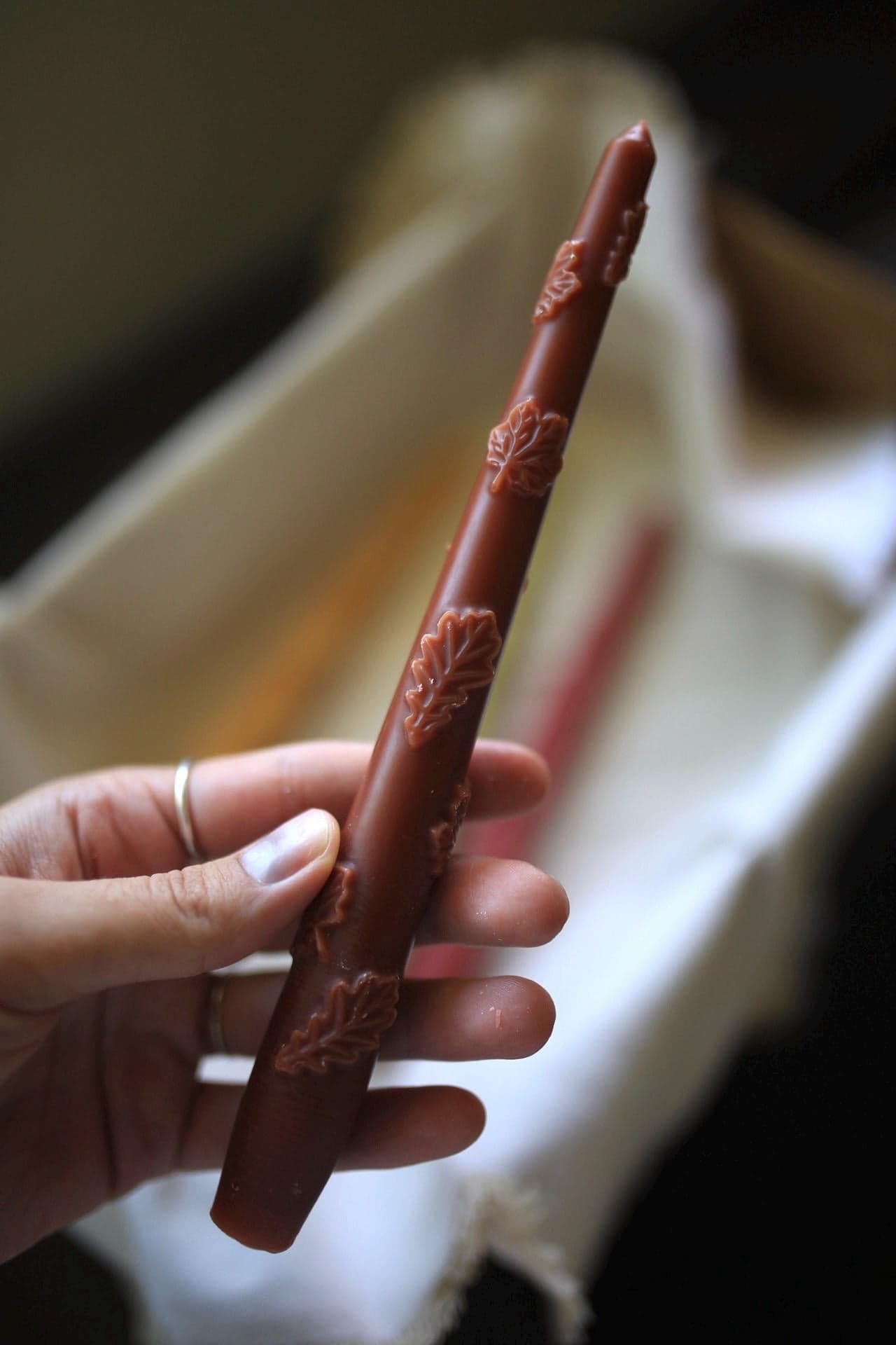 Autumn Beeswax Taper Candles with Oak Leaf Design 4