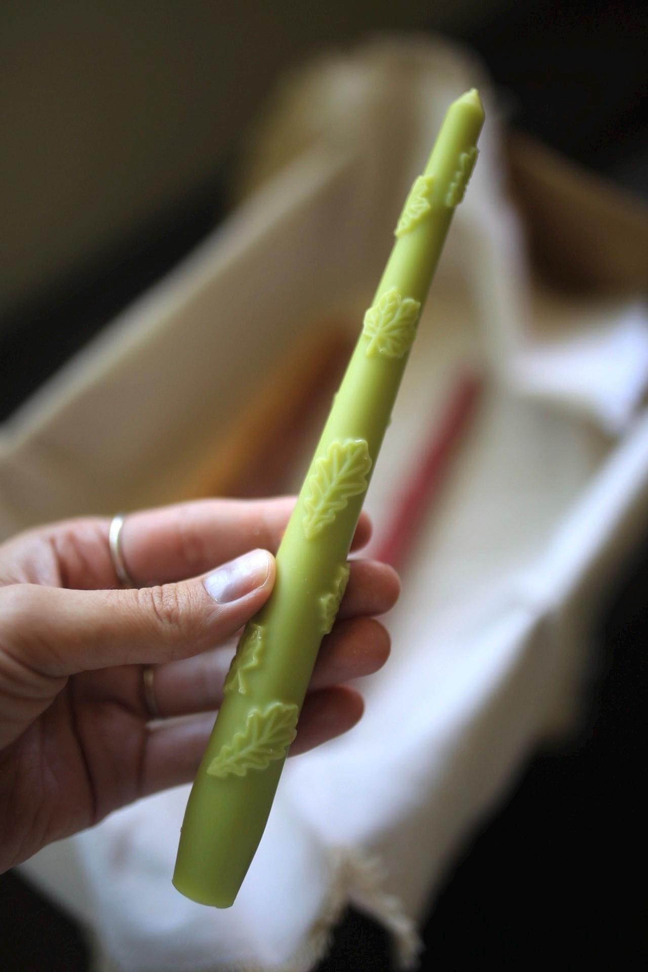Autumn Beeswax Taper Candles with Oak Leaf Design 2