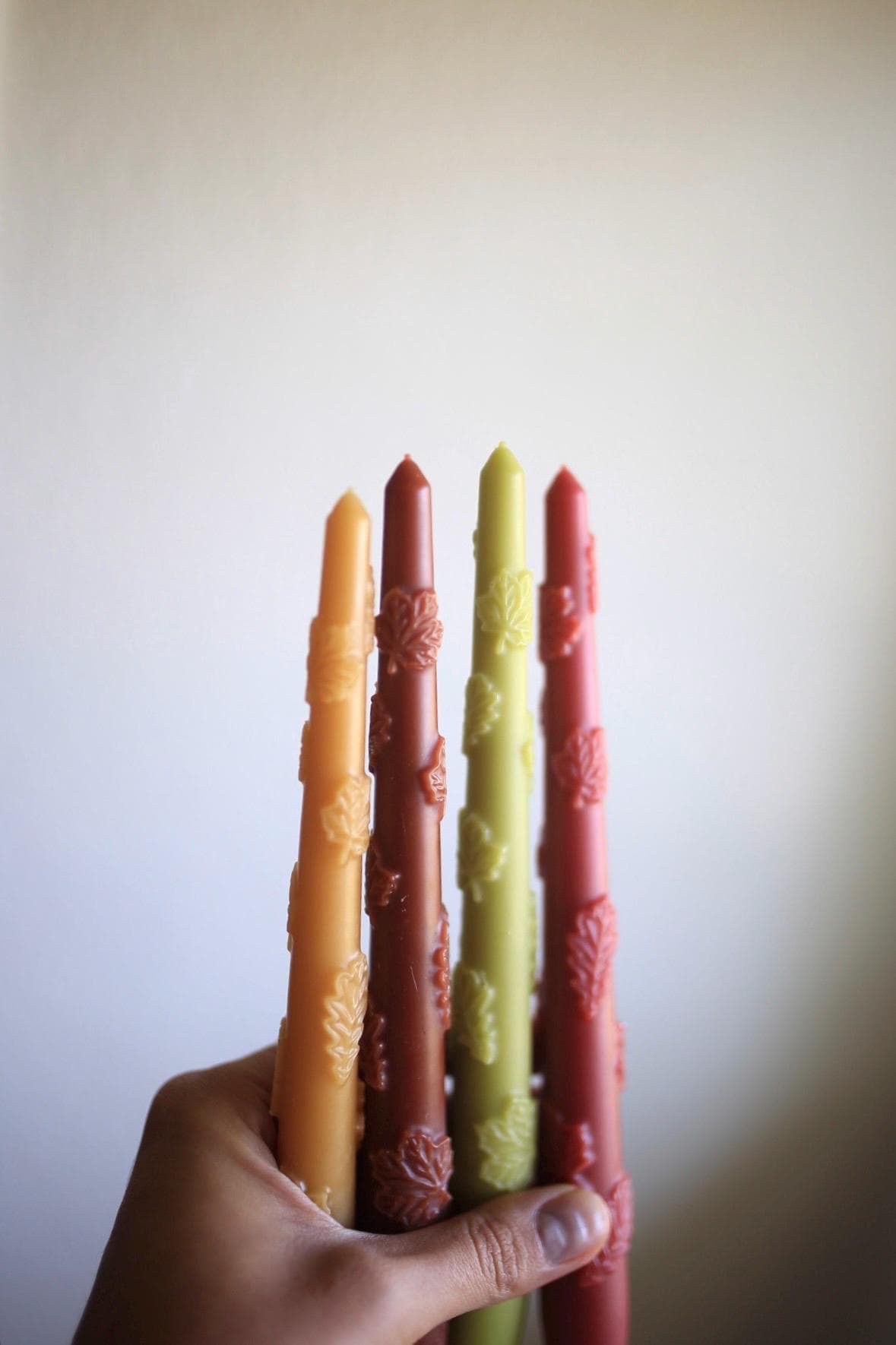 Autumn Beeswax Taper Candles with Oak Leaf Design 6