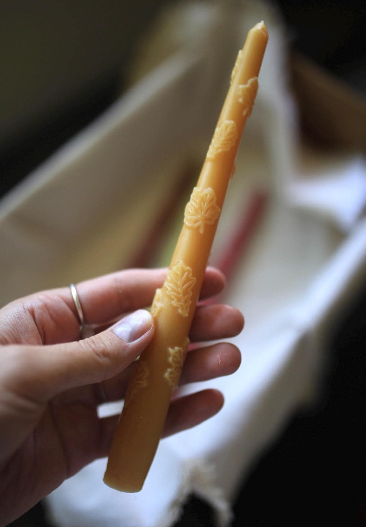 Autumn Beeswax Taper Candles with Oak Leaf Design 3